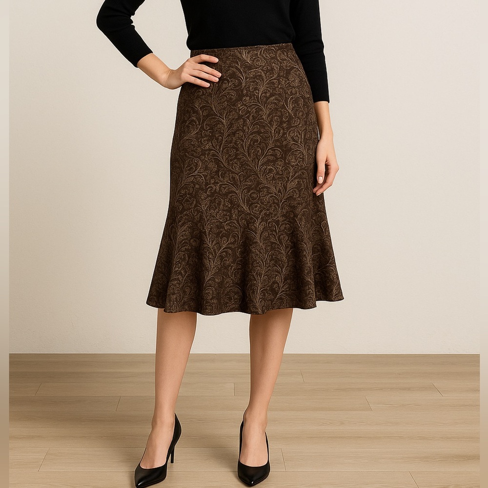 Ideology Fit & Flare Skirt‎ | Brown with Gold Pattern | Size 6